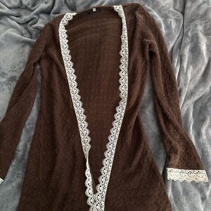 Brown Lace Trim Open Front Sweater